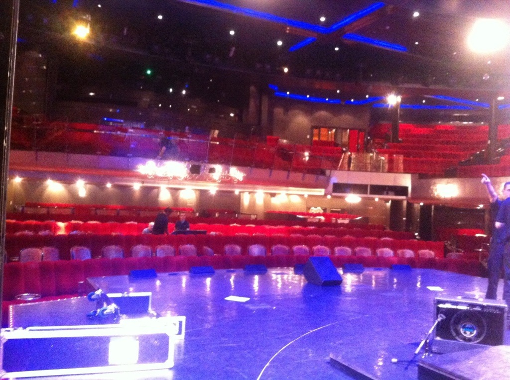 The Cheatles sound checking in the Royal Court Theatre aboard the Queen Mary 2 