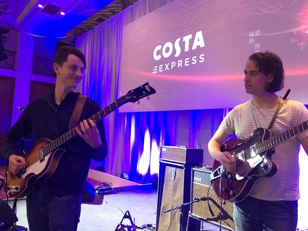 The Cheatles Beatles tribute act soundcheck for Costa Coffee corporate entertainment event